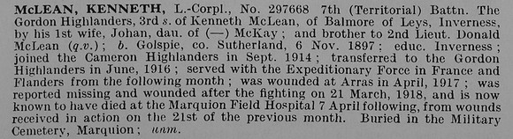 McLean K L/Cpl 297668 7th Gordon Highlanders Obit De Ruvignys Roll Of Honour Vol 5