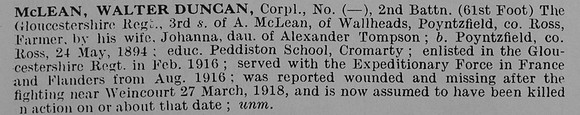 McLean W D Cpl 2nd Gloucestershire Regiment Obit De Ruvignys Roll Of Honour Vol 5