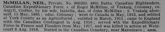 McMillan N Pte 800203 48th Canadian Highlanders Obit De Ruvignys Roll Of Honour Vol 5