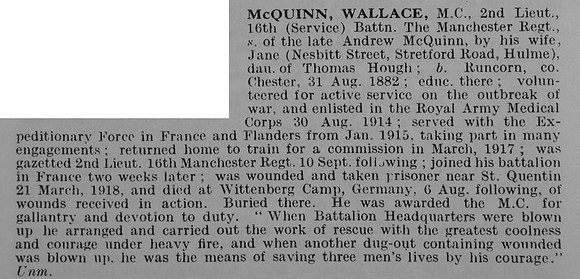 McQuinn W 2nd Lt MC 16th Manchester Regiment Obit De Ruvignys Roll Of Honour Vol 5