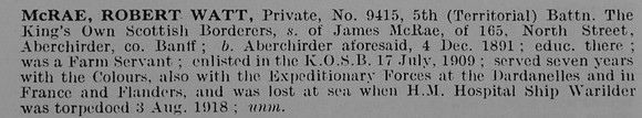 McRae R W Pte 9415 5th Kings Own Scottish Borderers Obit De Ruvignys Roll Of Honour Vol 5