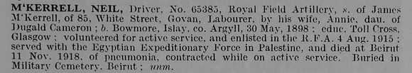 M'Kerrell N Dvr 65385 Royal Field Artillery Obit De Ruvignys Roll Of Honour Vol 5
