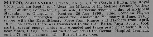 M'Leod A Pte 13th Royal Scots Obit De Ruvignys Roll Of Honour Vol 5