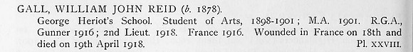 Gall W J R 2nd Lt Royal Garrison Artillery Obit