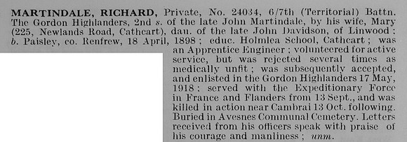 Martindale R Pte 24034 6/7th Gordon Highlanders Obit De Ruvignys Roll Of Honour Vol 5