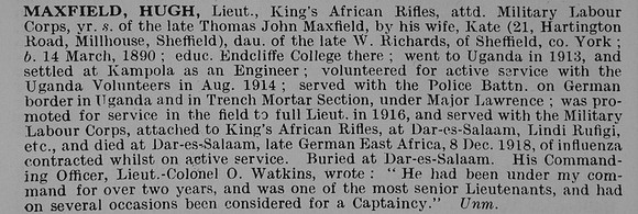 Maxfield H Lt Kings African Rifles Attd Military Labour Corps Obit De Ruvignys Roll Of honour Vol 5