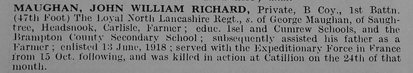 Maughan J W R Pte 1st Loyal North Lancs Regiment Obit De Ruvignys Roll Of Honour Vol 4