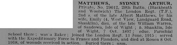 Matthews S A Pte 29012 20th London Regiment Obit De Ruvignys Roll Of Honour Vol 5
