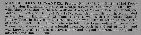 Mavor J A Pte 18563 2nd Gordon Highlanders Obit De Ruvignys Roll Of Honour Vol 5