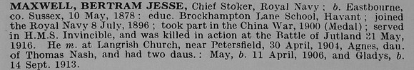 Maxwell B J Chief Stoker HMS Invincible Royal Navy Obit De Ruvignys Roll Of Honour Vol 5