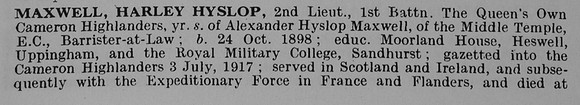 Maxwell H H 2nd Lt 1st Queens Own Cameron Highlanders Obit Part 1 De Ruvignys Roll Of Honour Vol 5