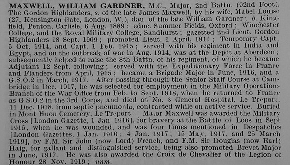 Maxwell W G Major MC 2nd Gordon Highlanders Obit De Ruvignys Roll Of Honour Vol 5
