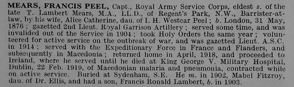 Mears F P Captain Royal Army Medical Corps Obit De Ruvignys Roll Of Honour Vol 5