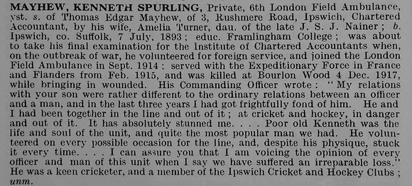 Mayhew K S Pte Royal Army Medical Corps Obit De Ruvignys Roll Of Honour Vol 5