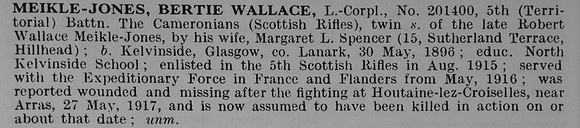 Meikle-Jones B W L/Cpl 201400 5th Cameronians Obit De Ruvignys Roll Of Honour Vol 5