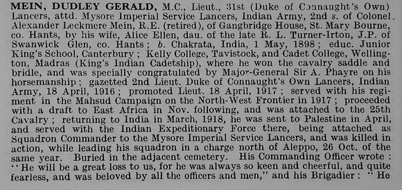 Mein D G Lt MC Indian Army Obit Part 1 De Ruvignys Roll Of Honour Vol 5