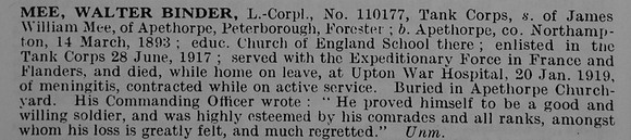 Mee W B L/Cpl 110177 Tank Corps Obit De Ruvignys Roll Of Honour Vol 5