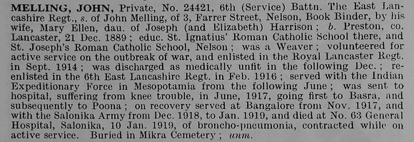 Mellor J Pte 24421 6th East Lancs Regiment Obit De Ruvignys Roll Of Honour Vol 5