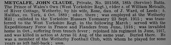 Metcalfe J C Pte 201568 18th West Yorkshire Regiment Obit De Ruvignys Roll Of Honour Vol 5