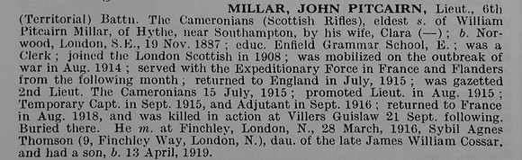 Millar J P Lt 6th Cameronains Obit De Ruvignys Roll Of Honour Vol 5