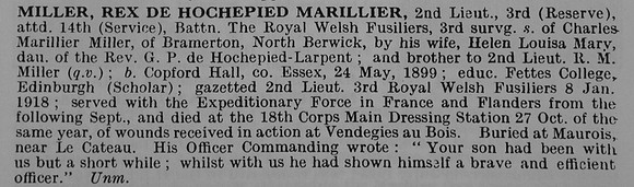 Miller R D H M 2nd Lt 14th Royal Welsh Fusiliers Obit De Ruvignys Roll Of Honour Vol 5