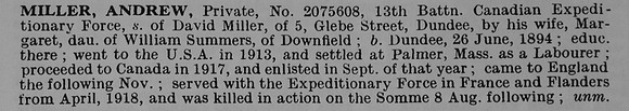 Miller A Pte 2075608 13th Canadian Infantry Obit De Ruvignys Roll Of Honour Vol 5