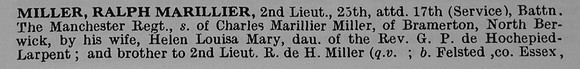 Miller R M 2nd Lt 25th Attd 17th Manchester Regiment Obit Part 1 De Ruvignys Roll Of Honour Vol 5