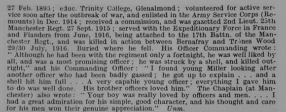 Miller R M 2nd Lt 25th Attd 17th Manchester Regiment Obit Part 2 De Ruvignys Roll Of Honour Vol 5