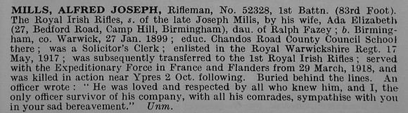 Mills A J Rfn 52328 1st Royal Irish Rifles Obit De Ruvignys Roll Of Honour Vol 5