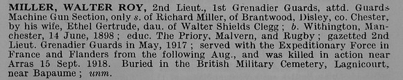 Miller W R 2nd Lt 1st Grenadier Guards Obit De Ruvignys Roll Of Honour Vol 5