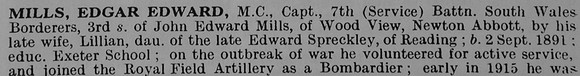Mills E E Captain MC 7th South Wales Borderers Obit Part 1 De Ruvignys Roll Of Honour Vol 5