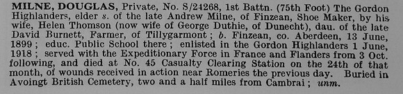 Milne D Pte S/24268 1st Gordon Highlanders Obit De Ruvignys Roll Of Honour Vol 5