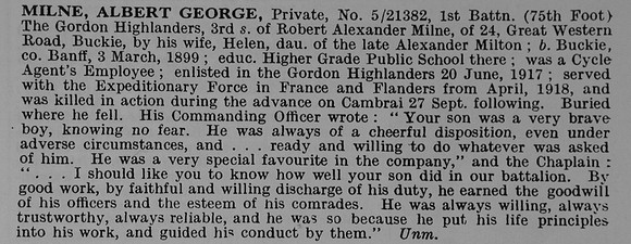 Milne A G Pte 5/21382 1st Gordon Highlanders Obit De Ruvignys Roll Of Honour Vol 5