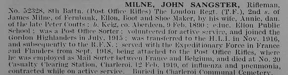 Milne J S Rfn 52328 8th London Regiment Obit De Ruvignys Roll Of Honour Vol 5