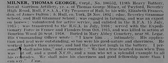 Milner T G Cpl 100552 Royal Garrison Artillery Obit De Ruvignys Roll Of Honour Vol 5
