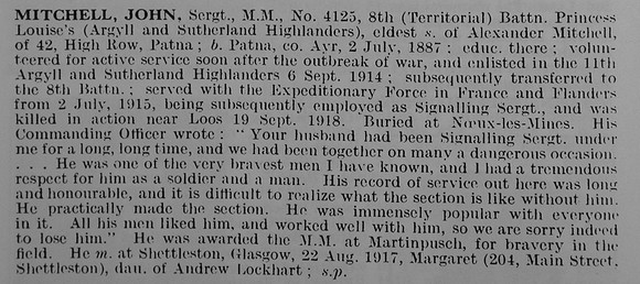 Mitchell J Sergt MM 4125 8th Argyll And Sutherland Highlanders Obit De Ruvignys Roll Of Honour Vol 5