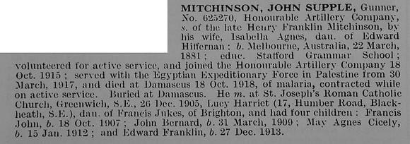 Mitchinson J S Gnr 625270 Honourable Artillery Company Obit De Ruvignys Roll Of Honour Vol 5