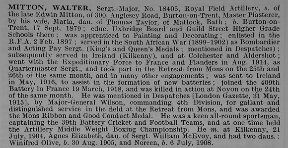 Mitton W Sergt Major 19405 Royal Field Artillery Obit De Ruvignys Roll Of Honour Vol 5