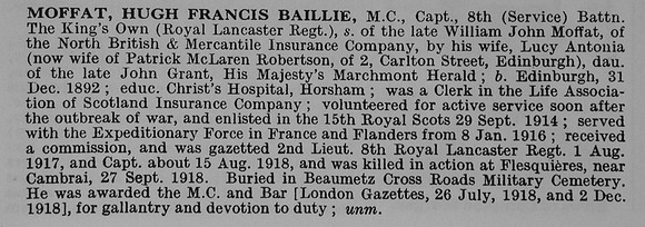 Moffat H F B Captain MC 8th Kings Own Royal Lancaster Regiment Obit De Ruvignys Roll Of Honour Vol 5