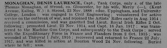 Monaghan D L Captain Tank Corps Obit De Ruvignys Roll Of Honour Vol 5
