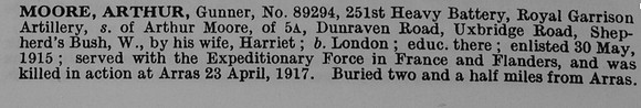 Moore A Gnr 89294 Royal Garrison Artillery Obit Part 1 De Ruvignys Roll Of Honour Vol 1