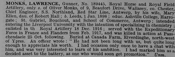 Monks L Gnr 189445 Royal Field Artillery Obit De Ruvignys Roll Of Honour Vol 5