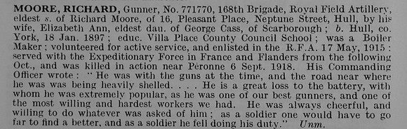 Moore R Gnr 771770 Royal Field Artillery Obit De Ruvignys Roll Of Honour Vol 5