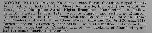 Moore P Pte 835472 20th Canadian Infantry Obit De Ruvignys Roll Of Honour Vol 5
