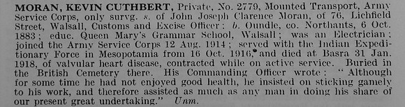 Moran K C Pte 2779 Army Service Corps Obit De Ruvignys Roll Of Honour Vol 5