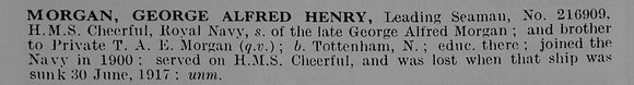 Morgan G A H Leading Seaman 216909 HMS Cheerful Royal Navy Obit De Ruvignys Roll Of Honour Vol 5
