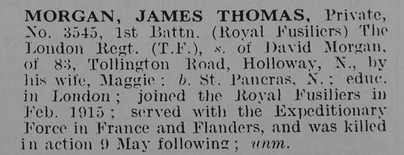 Morgan J T Pte 4545 1st London Regiment Obit De Ruvignys Roll Of Honour Vol 5