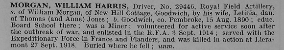 Morgan W H Dvr 29446 Royal Field Artillery Obit De Ruvignys Roll Of Honour Vol 5