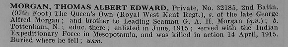 Morgan T A E Pte 32185 2nd Royal West Kent Regiment Obit De Ruvignys Roll Of Honour Vol 5