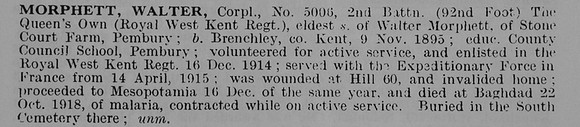 Morphett W Cpl 5006 2nd Royal West Kent Regiment Obit De Ruvignys Roll Of Honour Vol 5